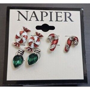 Napier Silver Tone Christmas Holiday Candy Cane Light Bulb Stud Earring Set New